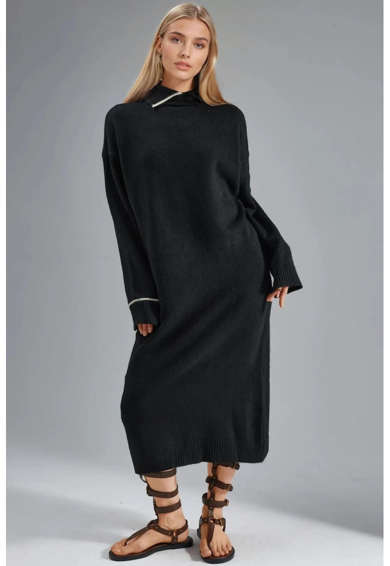 Rochii - rochie midi tricotata cu guler polo - negru - tricot -