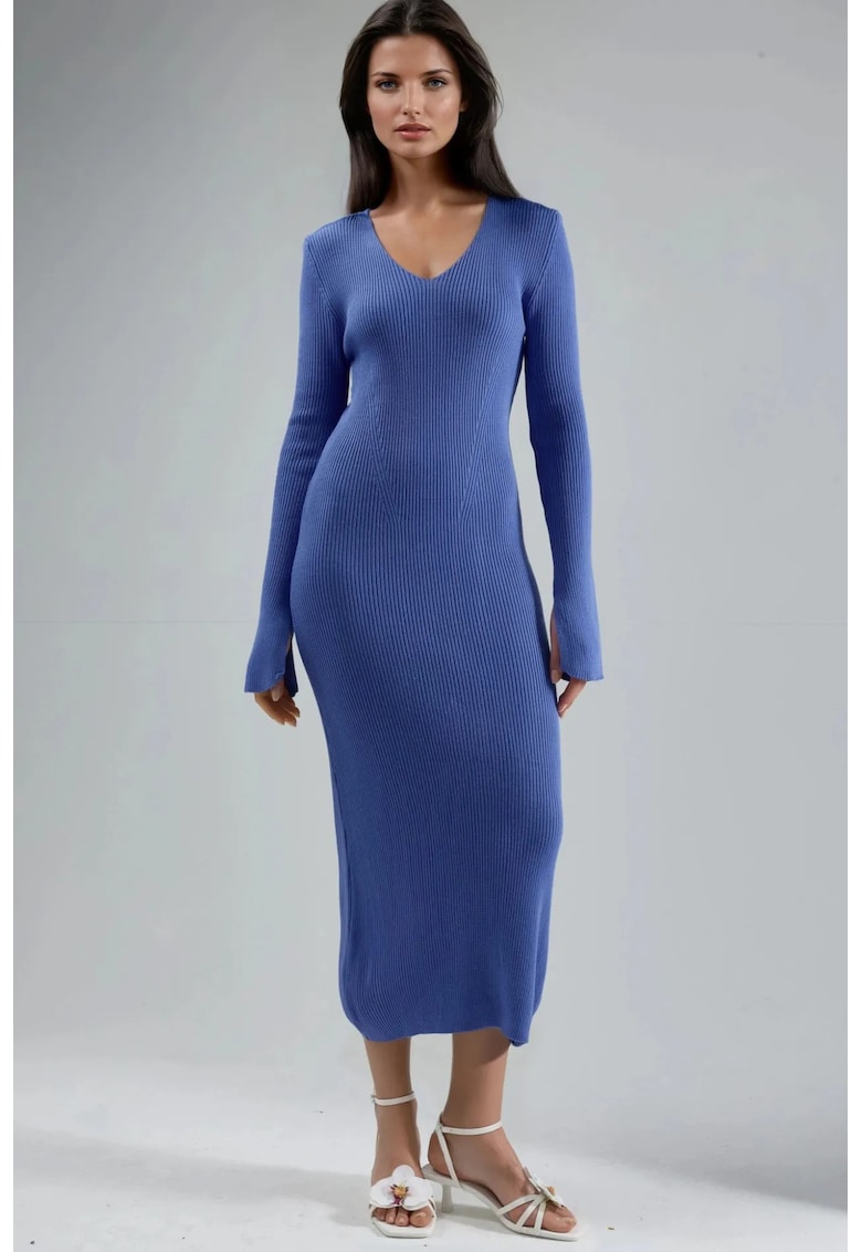 Rochie maxi tricotata - decolteu in V - slit - albastru cerulean - tricot 100% acrilic -