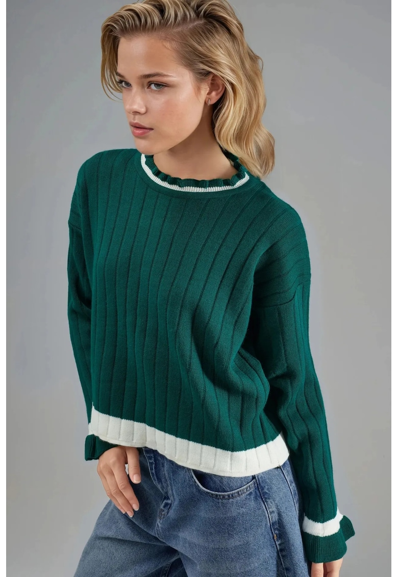 Pulover tricotat dama MY FASHION - cu guler rotund - dungi - verde smarald/alb - tricot - One Size