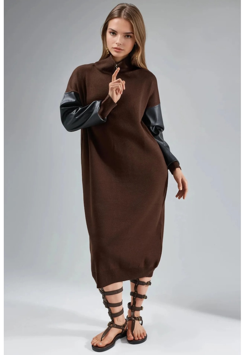 Rochii - tricotata lunga - detalii din imitatie de piele - maro cafea - tricot -