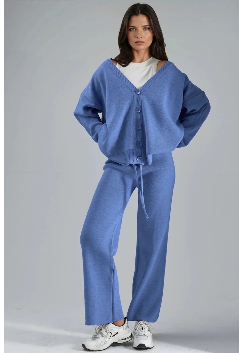 Set tricotat cardigan cu decolteu in V - pantaloni cu picior larg - albastru - tricot -