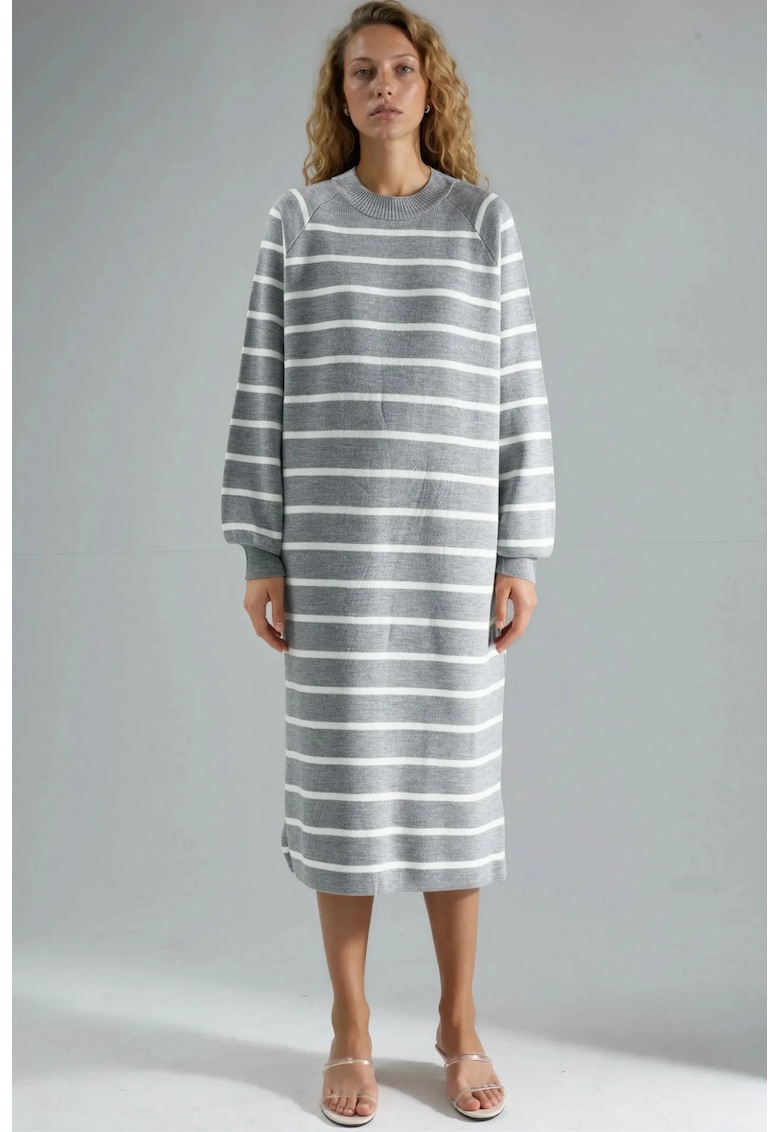 Rochie tricotata - cu nervuri si dungi - gri - tricot -