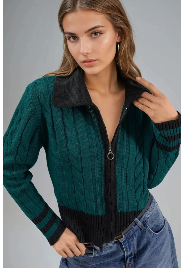 Pulover dama - cu guler polo si fermoar - verde - tricot - One Size