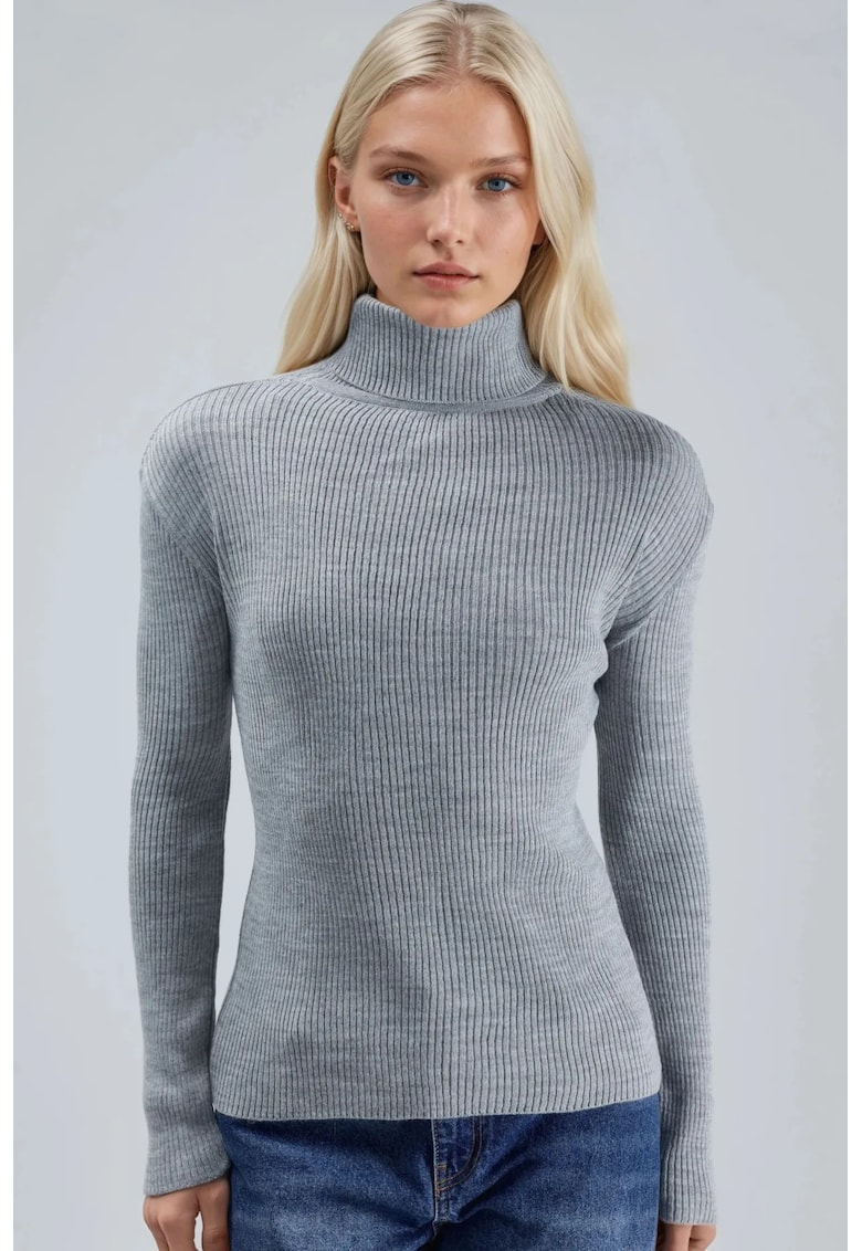 Pulover dama - guler tip maleta - gri deschis - tricot - One Size