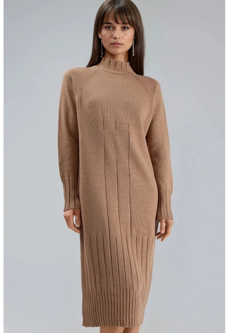 Rochie tricotata - midi - culoare maro camel - material tricot -