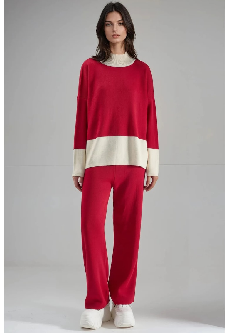 Set tricotat asortat - guler inalt pe jumatate - rosu - tricot -