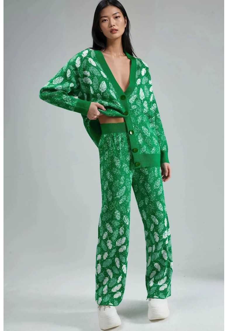 Set cardigan tricotat Jacquard cu decolteu in V si pantaloni largi - Verde - Tricot -