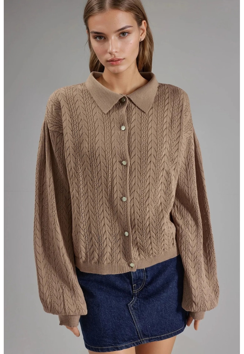 Pulover dama - cu nasturi - tricot - maro camel - One Size