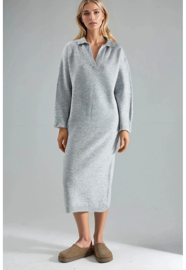 Rochie Maxi Tricotata - Gri - Tricot - Guler Polo -