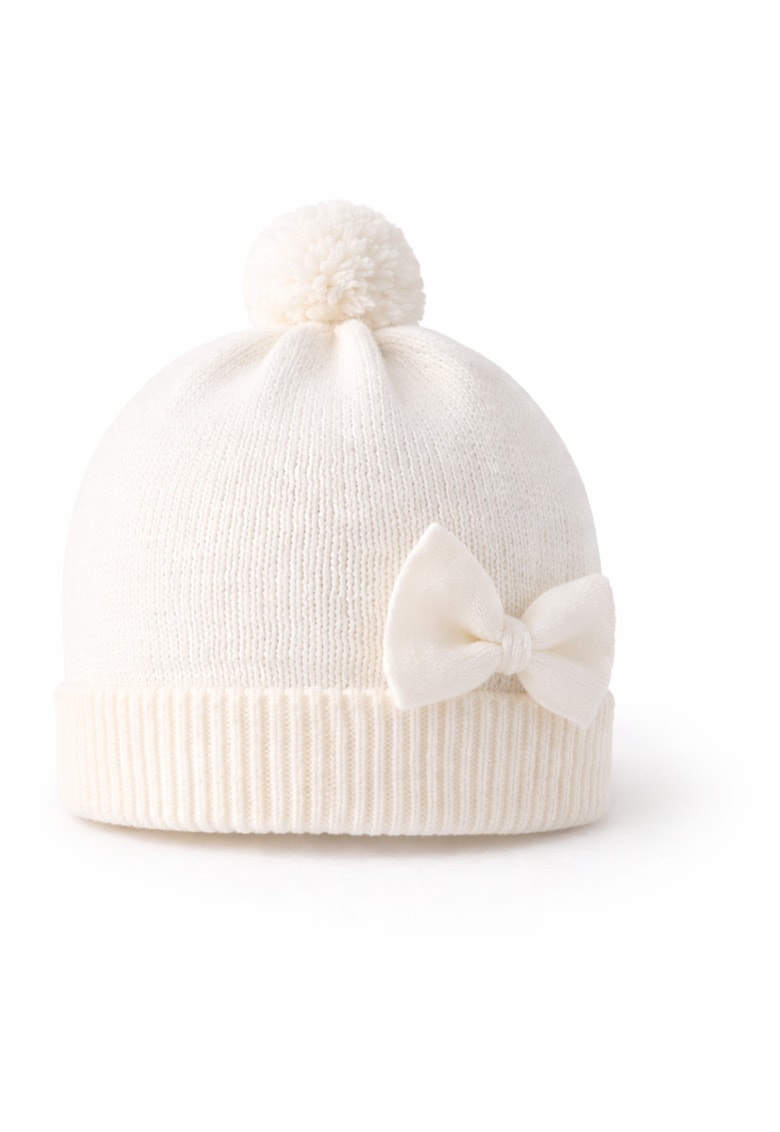 Caciula bebeluse alba cu funda si pompon din bumbac si lana - Alb Natural - 9-12 LUNI