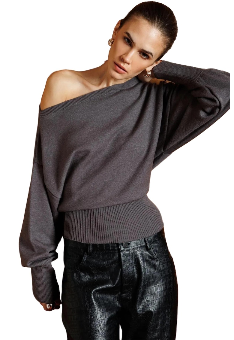 Pulover asimetric dama gri inchis - tricot - One Size