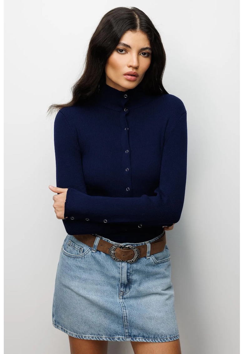 Cardigan dama - Slim Fit - guler inalt - bleumarin - tricot