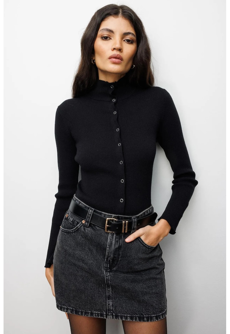 Cardigan dama - Slim Fit - guler inalt - negru - tricot