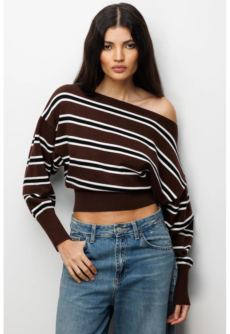 Pulover dama - asimetric - tiv striat - maro/alb - tricot - One Size