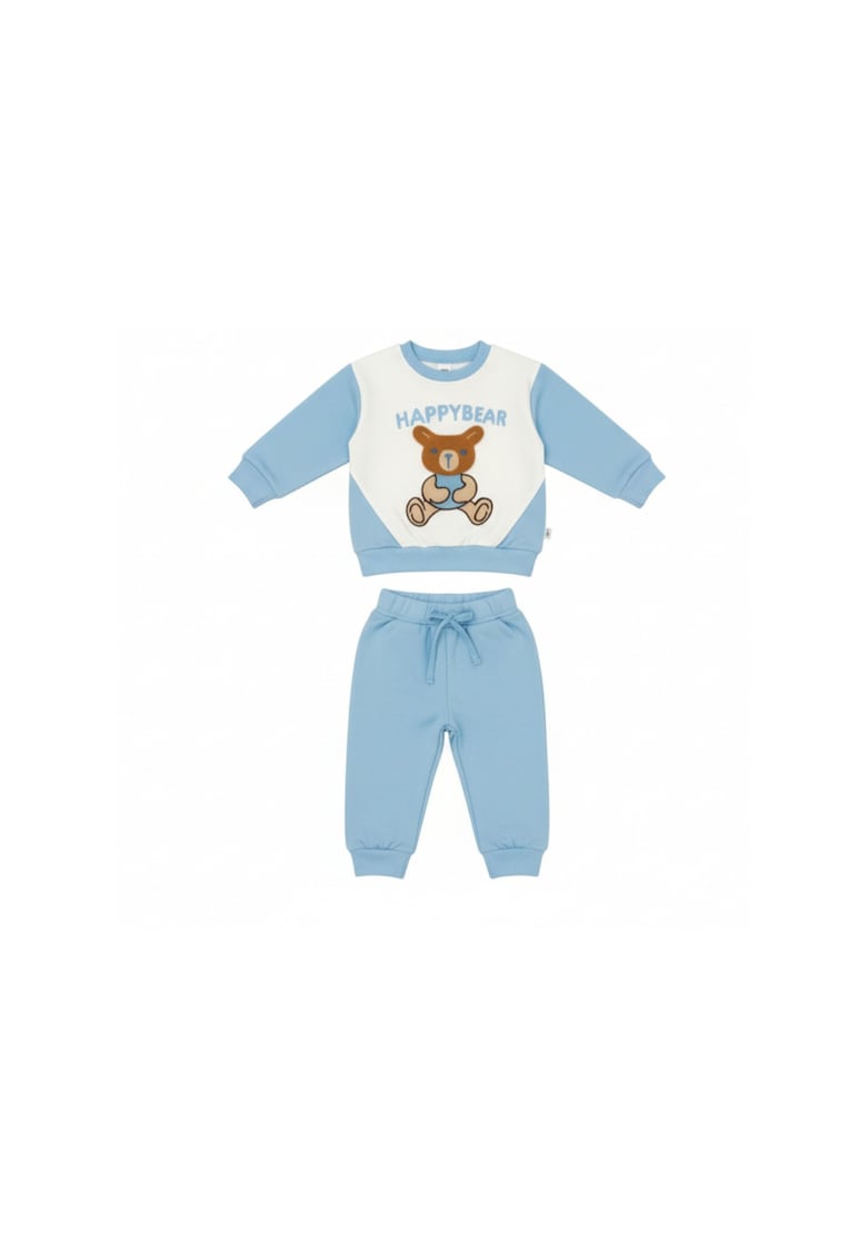 Costumas bebelusi HappyBear bleu – set bluza si pantaloni - Bumbac - 3-6 luni - Alb - Albastru
