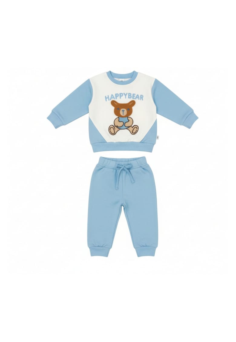 Costumas bebelusi HappyBear bleu – set bluza si pantaloni - Bumbac - 3-6 luni - Alb - Albastru