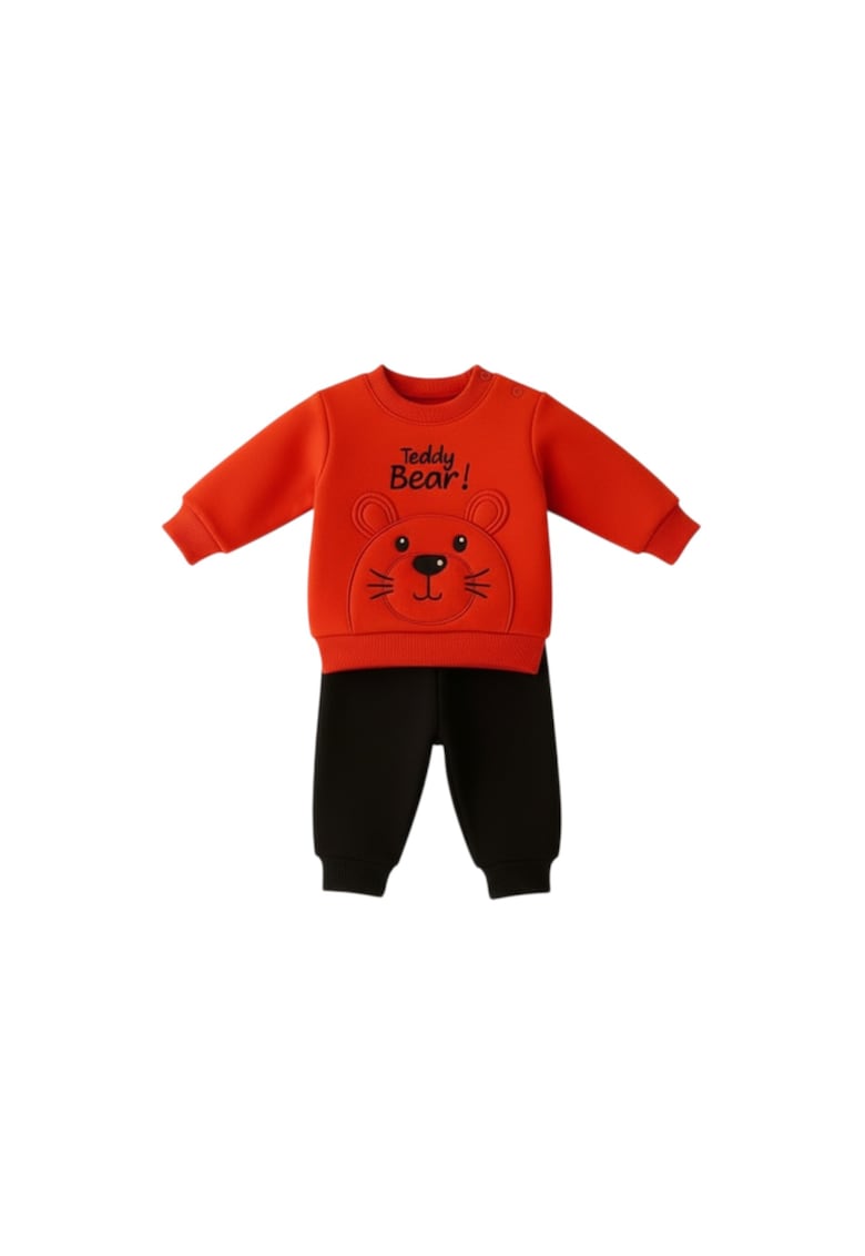 Costum Teddy Bear pentru baieti - bluza rosie si pantaloni bleumarine - Set confortabil bebe - Bumbac - 6-9 luni - Multicolor