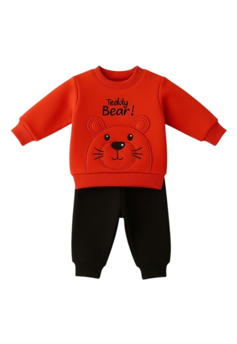 Costum Teddy Bear pentru baieti - bluza rosie si pantaloni bleumarine - Set confortabil bebe - Bumbac - 6-9 luni - Multicolor