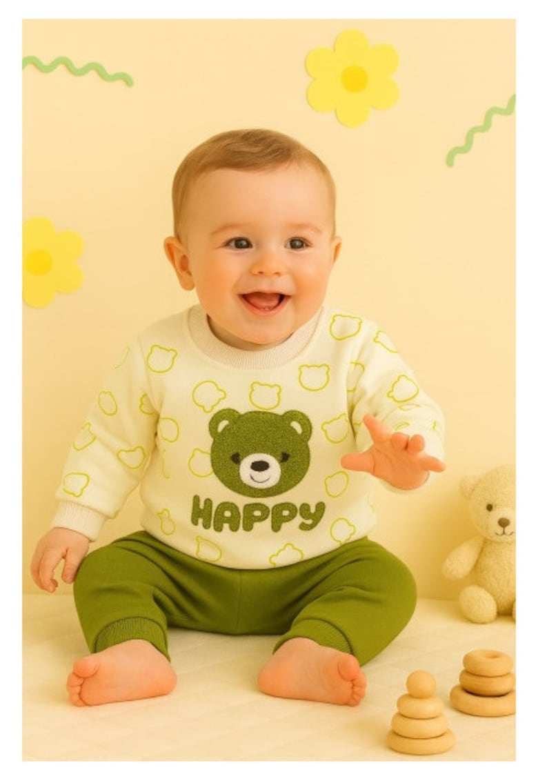 Costumas bebelusi Happy Bear crem-verde - Confort & Design Premium