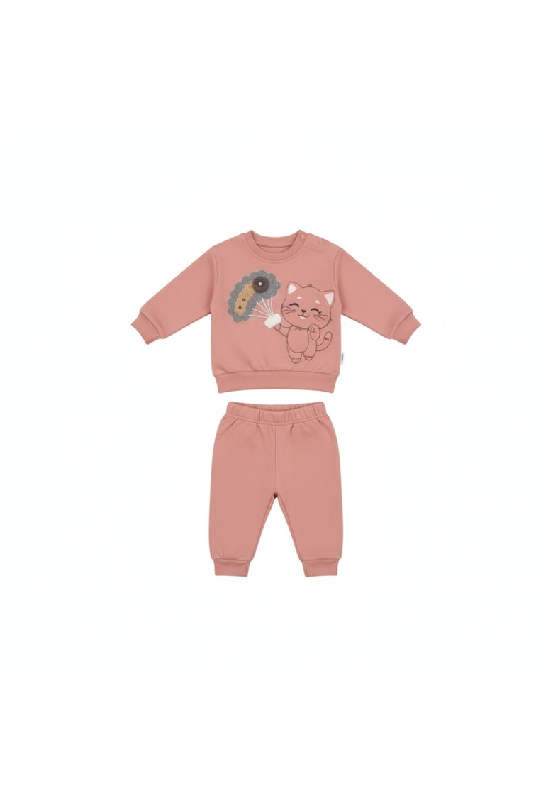 Costumas bebe fete roz cu pisicuta – confort - stil si joaca - Bumbac - 9-12 luni - Roz