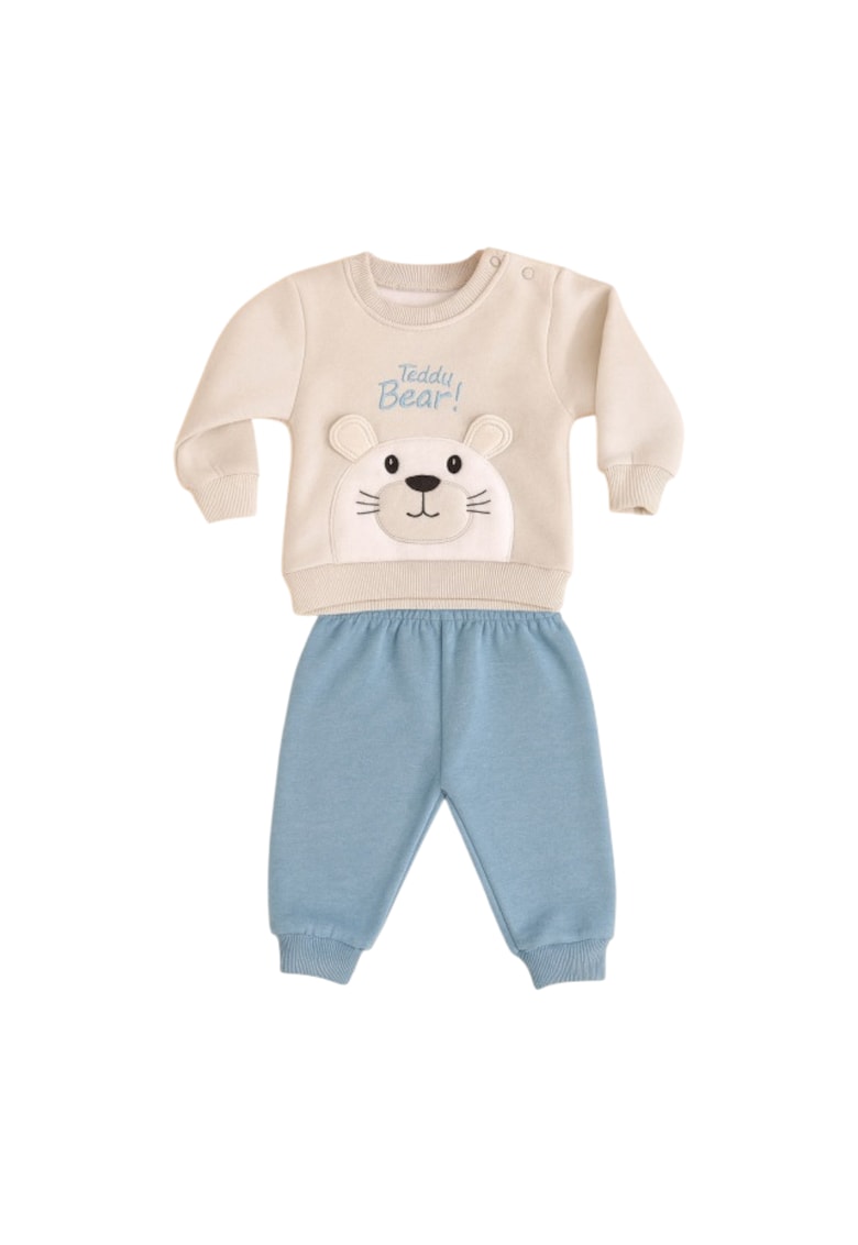 Costum Teddy Bear pentru baieti - bluza bej si pantaloni bleu - Set confortabil bebe - Bumbac - 9-12 luni - Multicolor