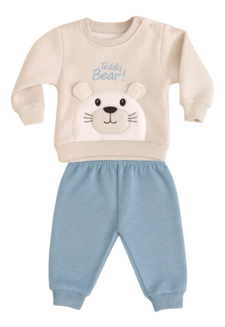 Costum Teddy Bear pentru baieti - bluza bej si pantaloni bleu - Set confortabil bebe - Bumbac - 9-12 luni - Multicolor