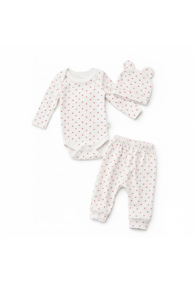 Set bebelus 3 piese body pantaloni caciula bumbac ribat cu inimioare - Alb - Alb