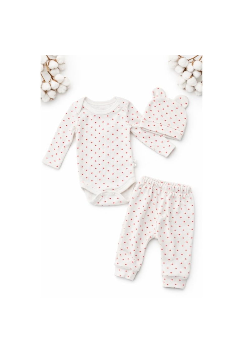 Set bebelus 3 piese body pantaloni caciula bumbac ribat cu inimioare