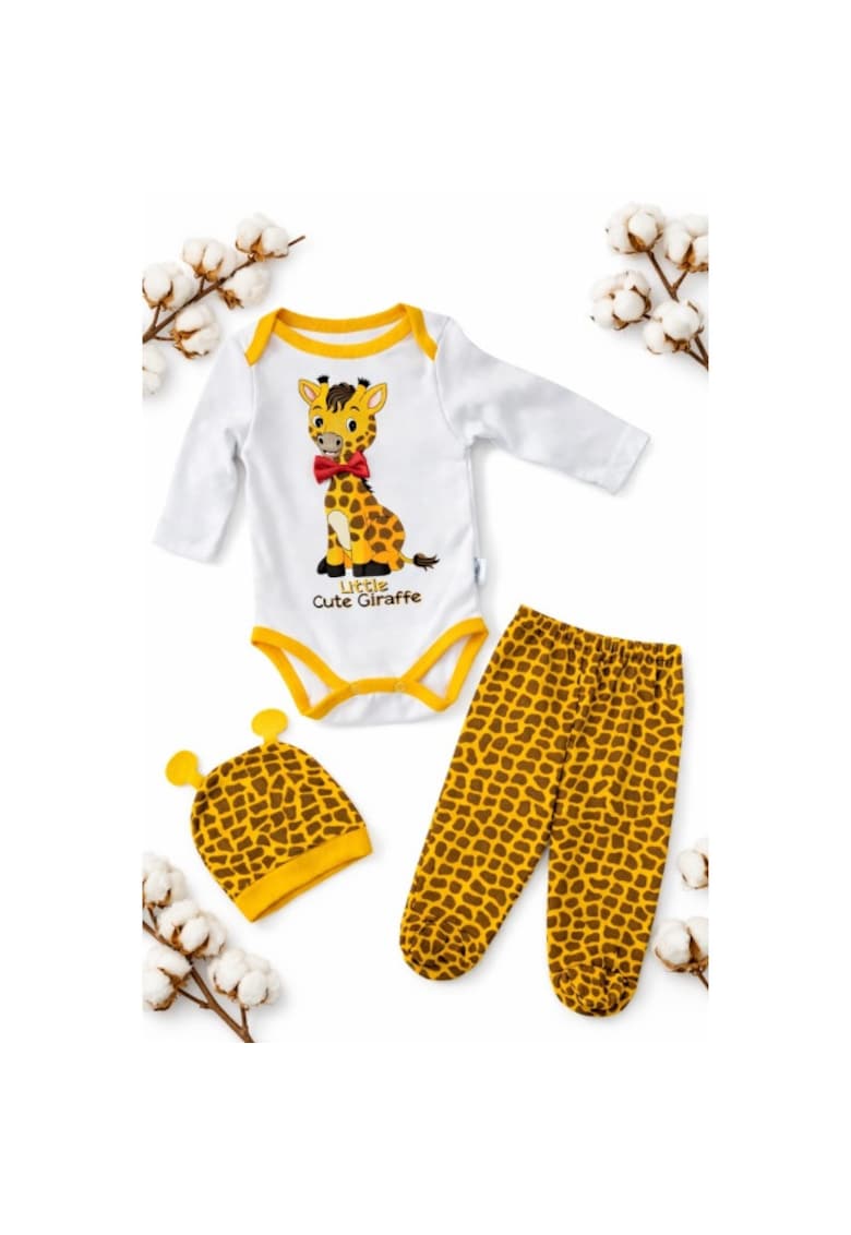 Set bebe nou nascut 3 piese bumbac body pantaloni botosei caciula girafa - Bumbac - 6 luni - Multicolor