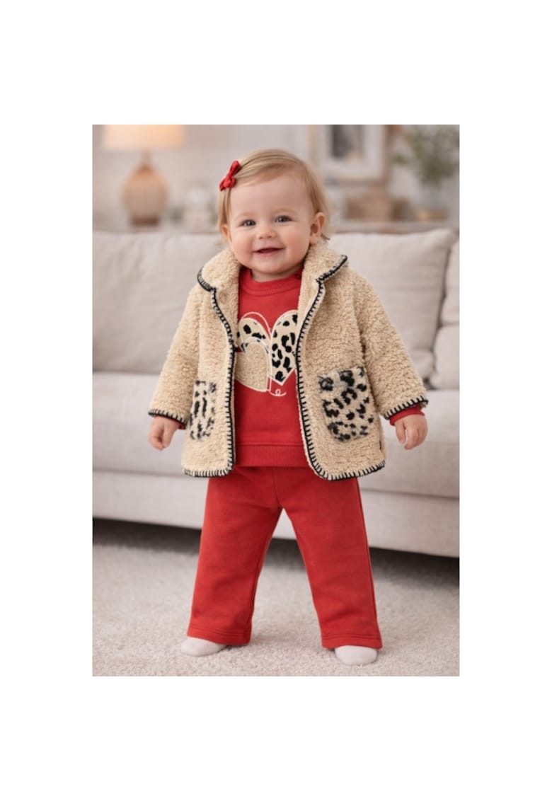 Set bebe fetita 3 piese cu jacheta teddy bluza si pantaloni rosii tinuta calduroasa iarna