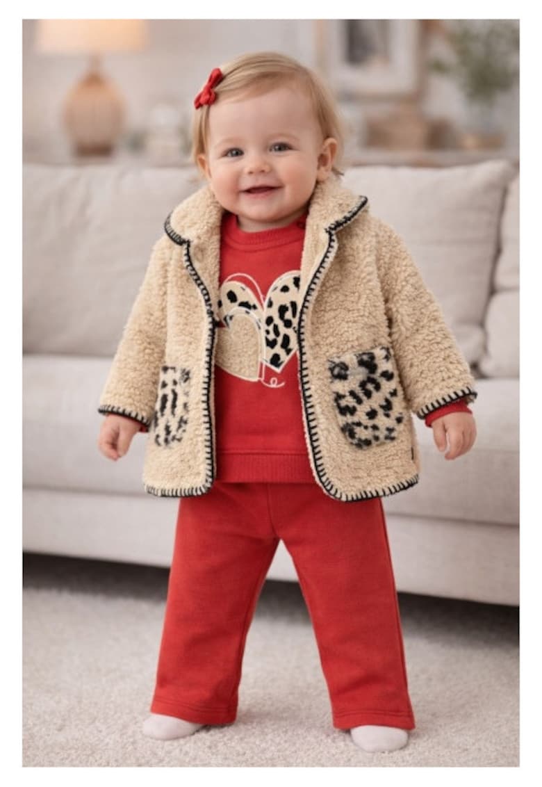 Set bebe fetita 3 piese cu jacheta teddy bluza si pantaloni rosii tinuta calduroasa iarna