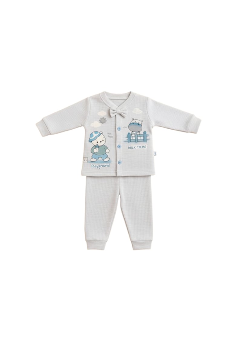 Set bebe bumbac 2 piese bluza cu papion pantaloni gri - Bumbac - 0-3 luni - Gri