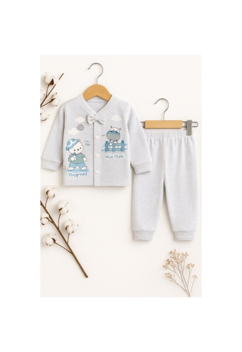 Set bebe bumbac 2 piese bluza cu papion pantaloni gri