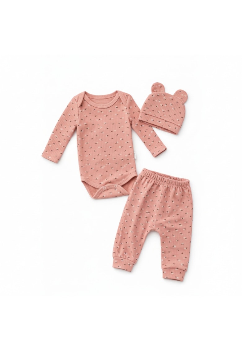 Set bebelus fetita 3 piese body pantaloni caciula bumbac ribat roz Buwqfwqmbac - Roz - Roz