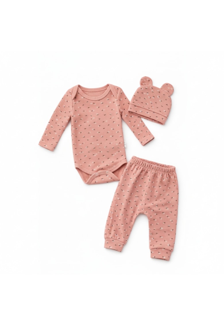 Set bebelus fetita 3 piese body pantaloni caciula bumbac ribat roz Buwqfwqmbac - Roz - Roz