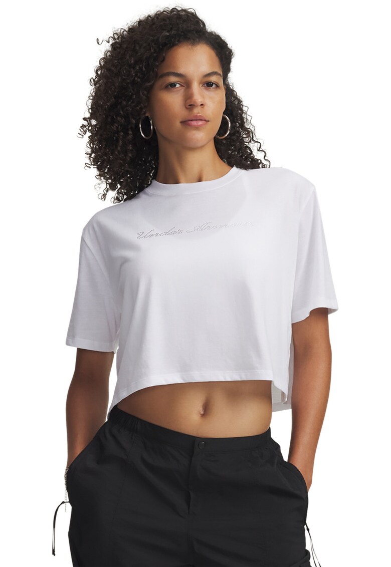 Tricou crop cu croiala lejera si logo decorat cu strasuri - Alb optic