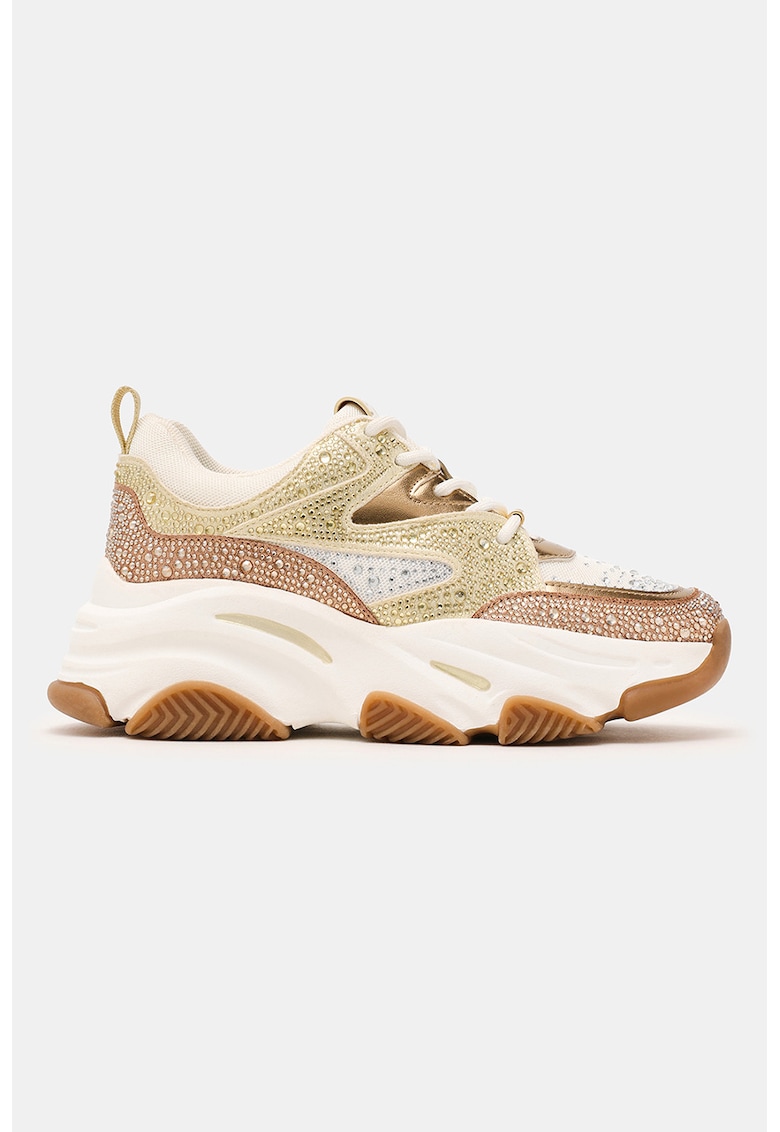 Pantofi sport wedge cu aplicatii din strasuri - Alb/Maro taupe deschis/Crem