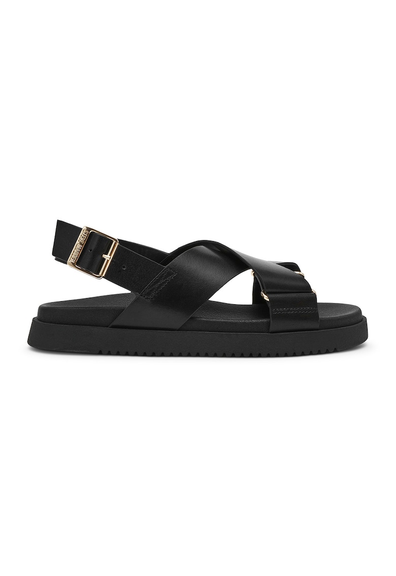 Sandale de piele cu talpa joasa si catarama - Negru