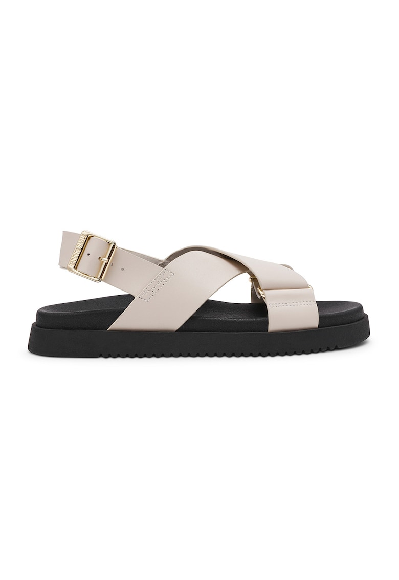 Sandale de piele cu talpa joasa si catarama - Negru/Maro camel