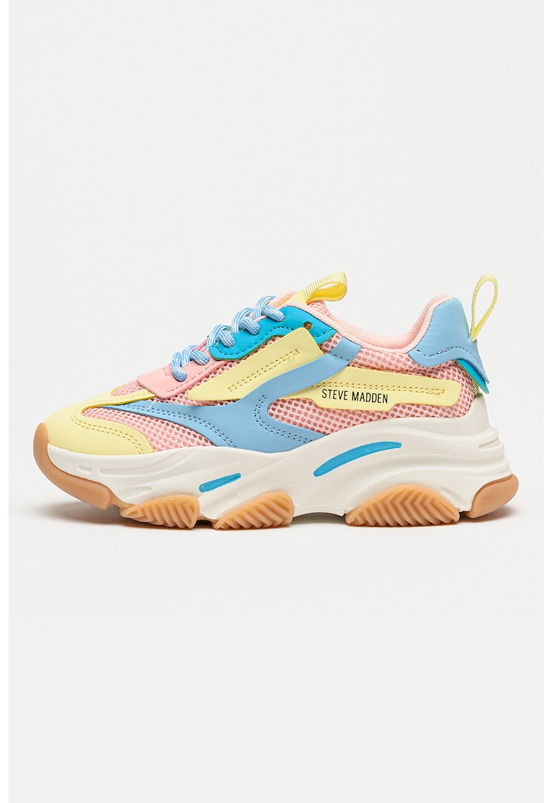 Pantofi sport Possesion din plasa cu garnituri de piele ecologica - Albastru lavanda/Roz pastel/Galben pai