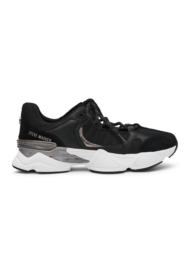 Pantofi sport demi-wedge cu garnituri de piele - Negru -