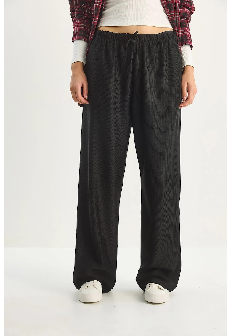 Pantaloni dama - talie inalta - picior larg - negru - poliester