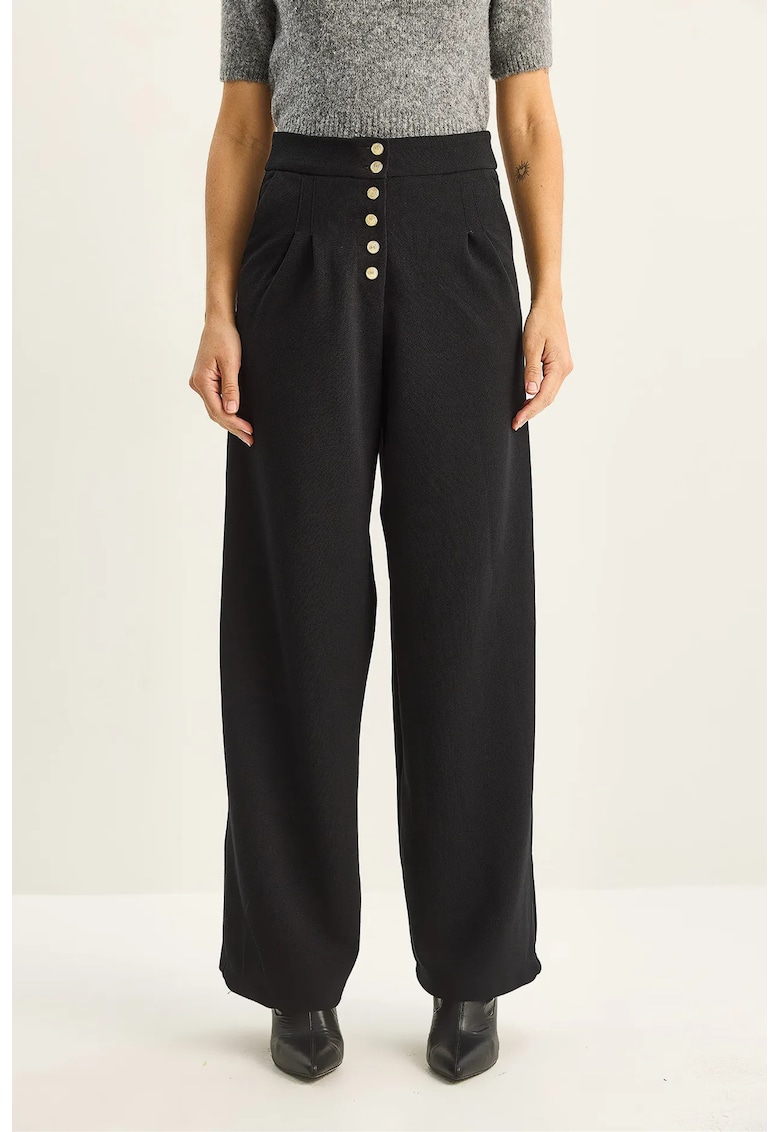 Pantaloni dama - Palazzo - talie inalta - picior larg - negru - poliester