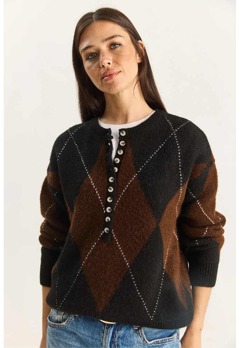 Pulover dama - gros - negru/maro - tricot - One Size