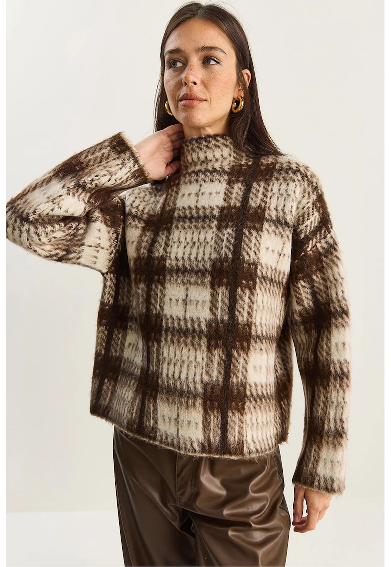 Pulover dama - gros cu guler inalt - carouri - tricot - bej/maro - One Size