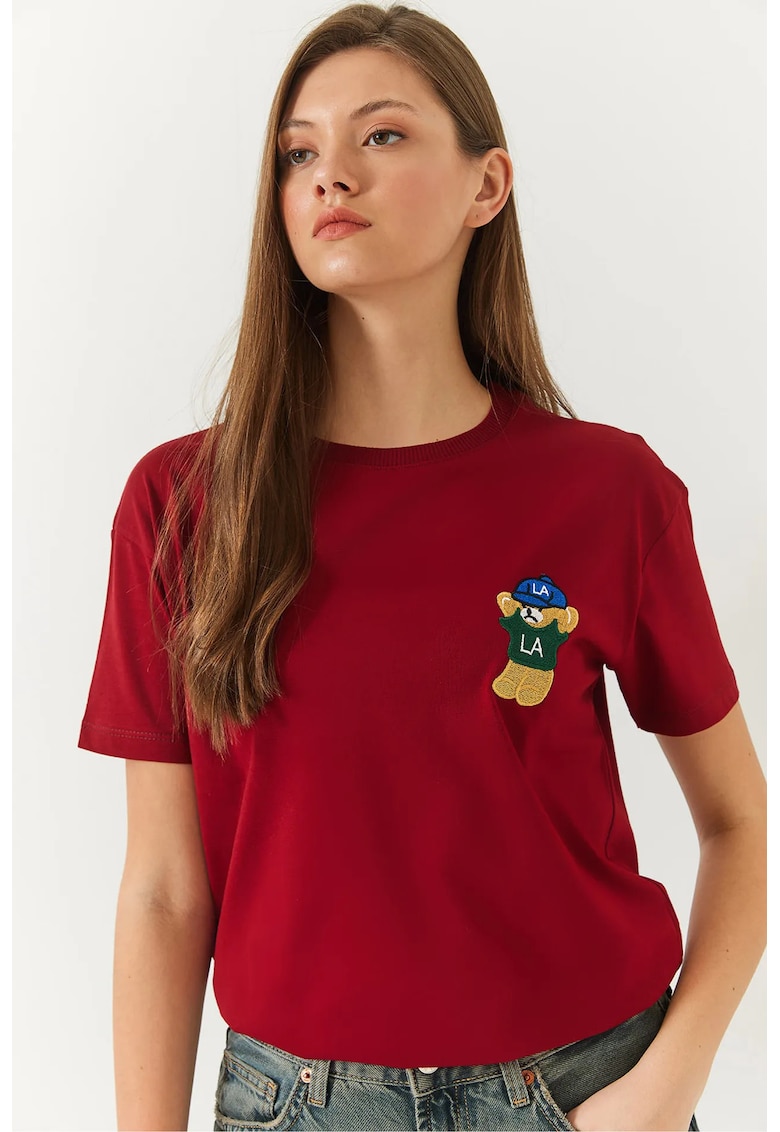 Tricou dama - brodat - guler rotund - rosu - bumbac -