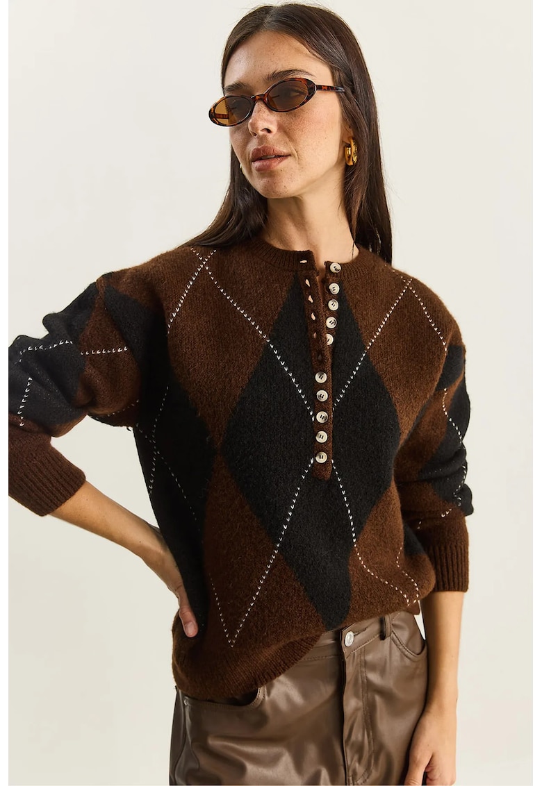 Pulover dama - gros - tricot - negru/maro - One Size