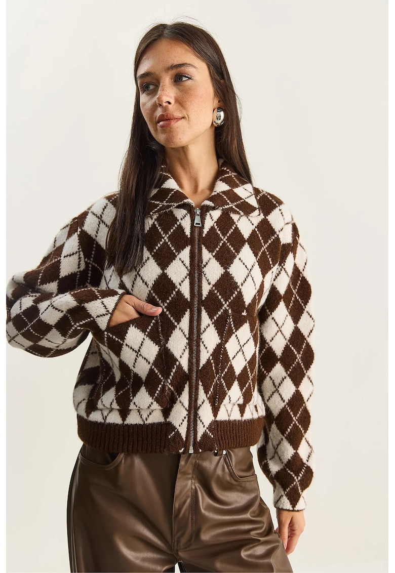 Cardigan dama - gros - fermoar - alb/maro - tricot - One Size