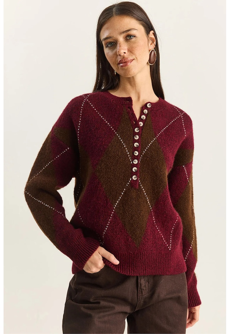 Pulover dama - tricot - guler rotund - inchidere cu nasturi - visiniu/maro - One Size