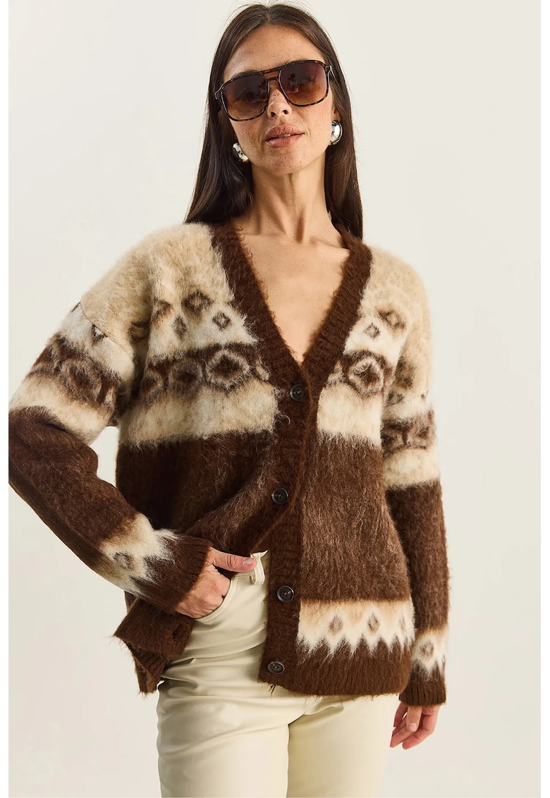 Pulover dama - gros - decolteu in V - model etnic - tricot - maro/bej - One Size